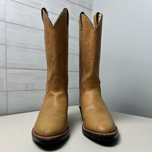 JUSTIN MULE HIDE TAN LEATHER ROUND TOE COWBOY WORK BOOTS #1122 MEN'S 7.5B - Picture 3 of 10